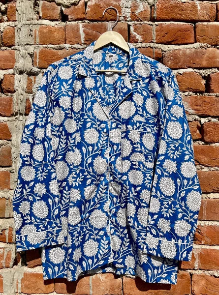 Indian Cotton Blue Floral PJ Set Bridesmaid Pajama Set Women Nightwear Suit US