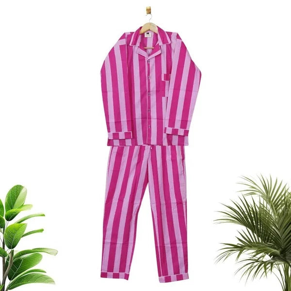 Indian Cotton Striped Print PJ Set Bridesmaid Pajama Set Women Nightwear Suit