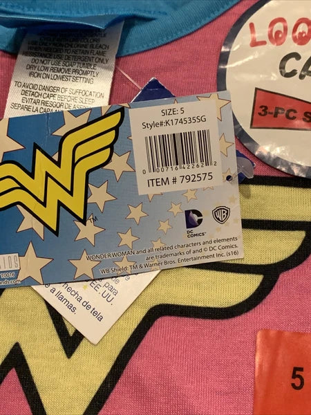 Wonder Woman (Sz 5) Kids Girls Character 3pc (Shirt, Pant, Cape) PJ Pajama Set