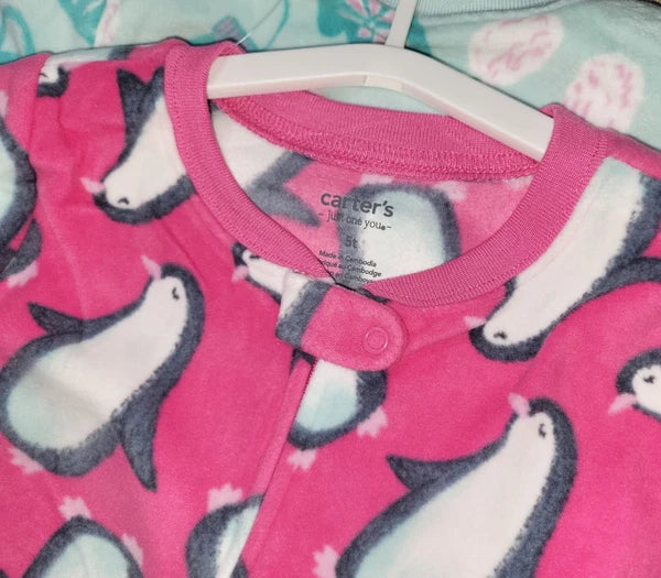 Carter's Baby Girls 2-piece Pink Blue Penguin Fleece Pajama Sleeper Set 5T NWT