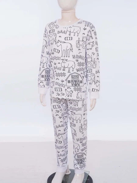 Kids Pajama Sets Hand-Painted Long Sleeve Top Elastic Waist Pants Home Sleepwear