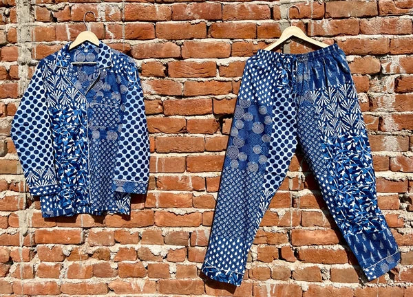 Indian Cotton Blue Patchwork PJ Set Bridesmaid Pajama Set Women Nightwear Suits