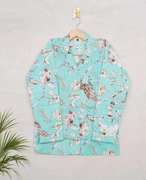 Indian Cotton Green Birds PJ Set Bridesmaid Pajama Set Women Nightwear Suits US