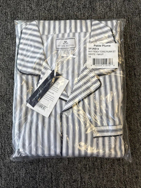 Petite Plume Kid's Twill Pajama Set in Navy French Ticking NWT MSRP $58 Sz 14