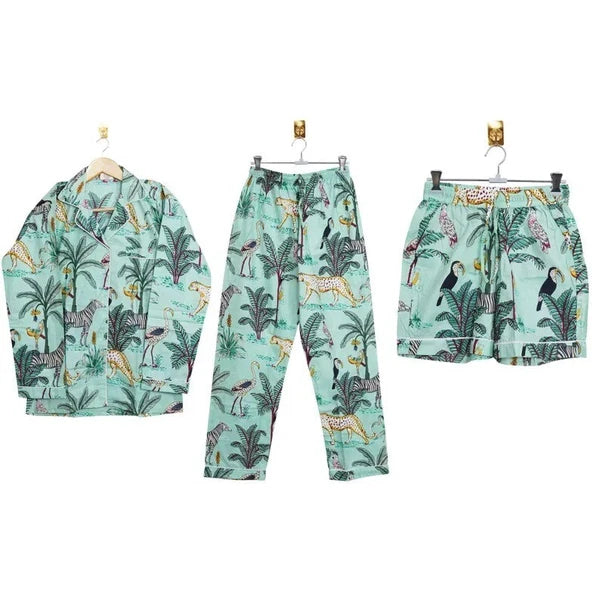 Indian Cotton Green Tiger PJ Set Bridesmaid Pajama Set Women Nightwear Suits US