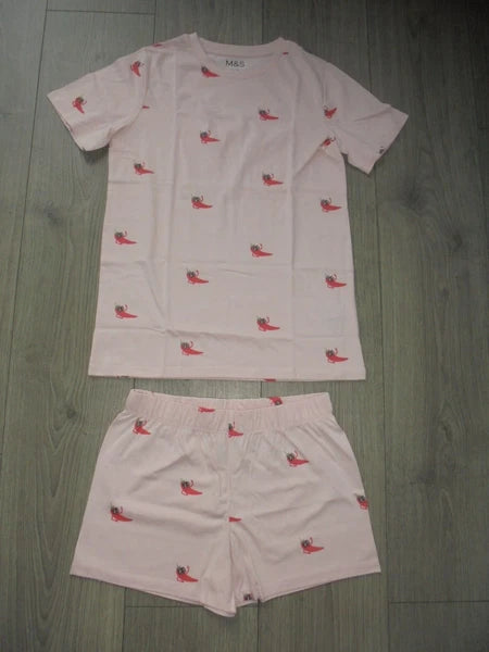 M&S MARKS & SPENCER PINK MIX PYJAMA SET T-SHIRT & SHORTS AGE 10-11 YEARS
