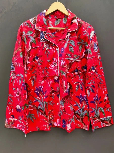 Indian Red Bird Print 100% Cotton Pajama Set Bridesmaid PJ Set Loose Clothing US
