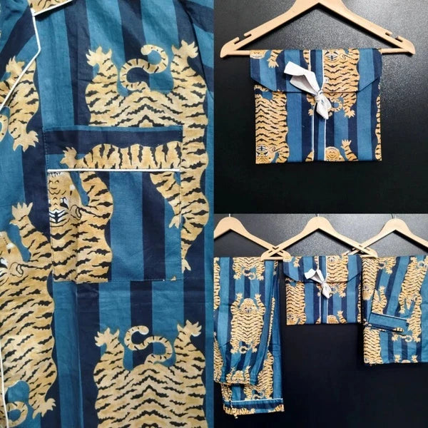 Indian Cotton Pajama Set Tiger Stripe Print Bridesmaid PJ Set Loose Clothing US